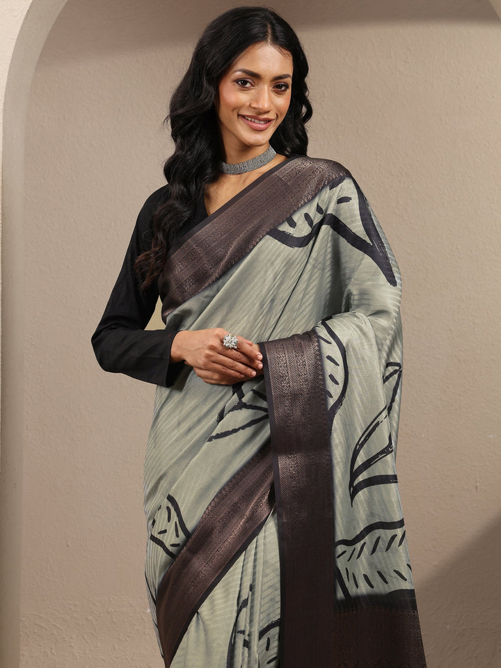 Green Printed Silk Blend Saree With Unstitched Blouse Piece