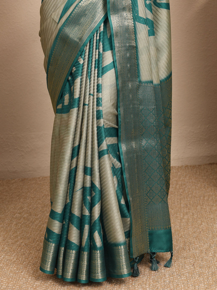 Green Abstract Printed Silk Blend Saree With Unstitched Blouse Piece