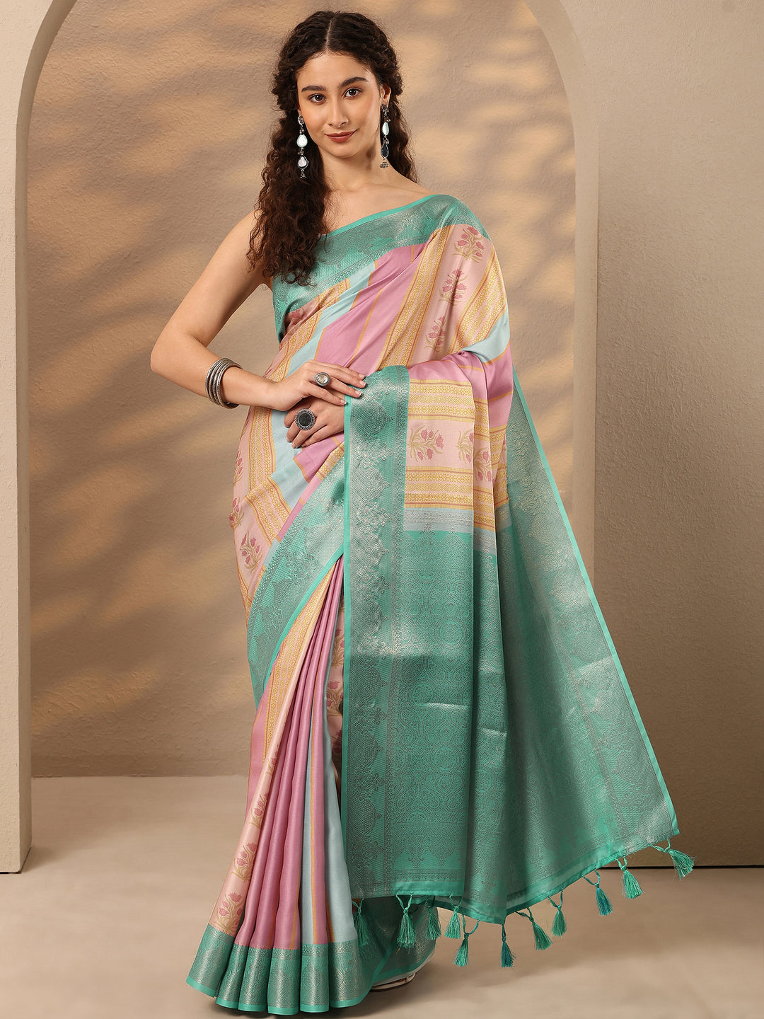 Multi Printed Silk Blend Saree With Unstitched Blouse Piece