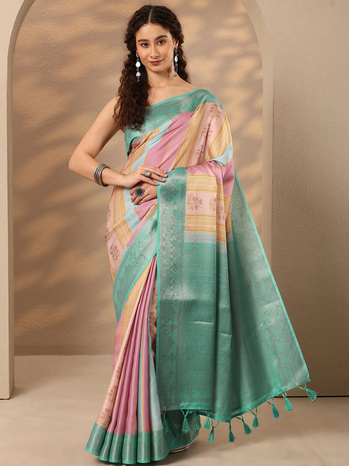 Multi Printed Silk Blend Saree With Unstitched Blouse Piece