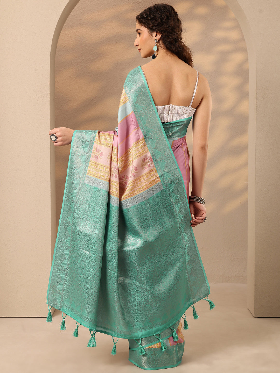 Multi Printed Silk Blend Saree With Unstitched Blouse Piece