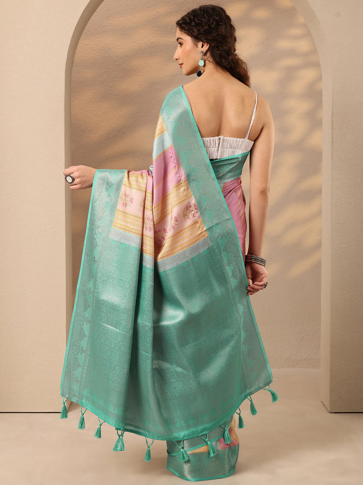 Multi Printed Silk Blend Saree With Unstitched Blouse Piece