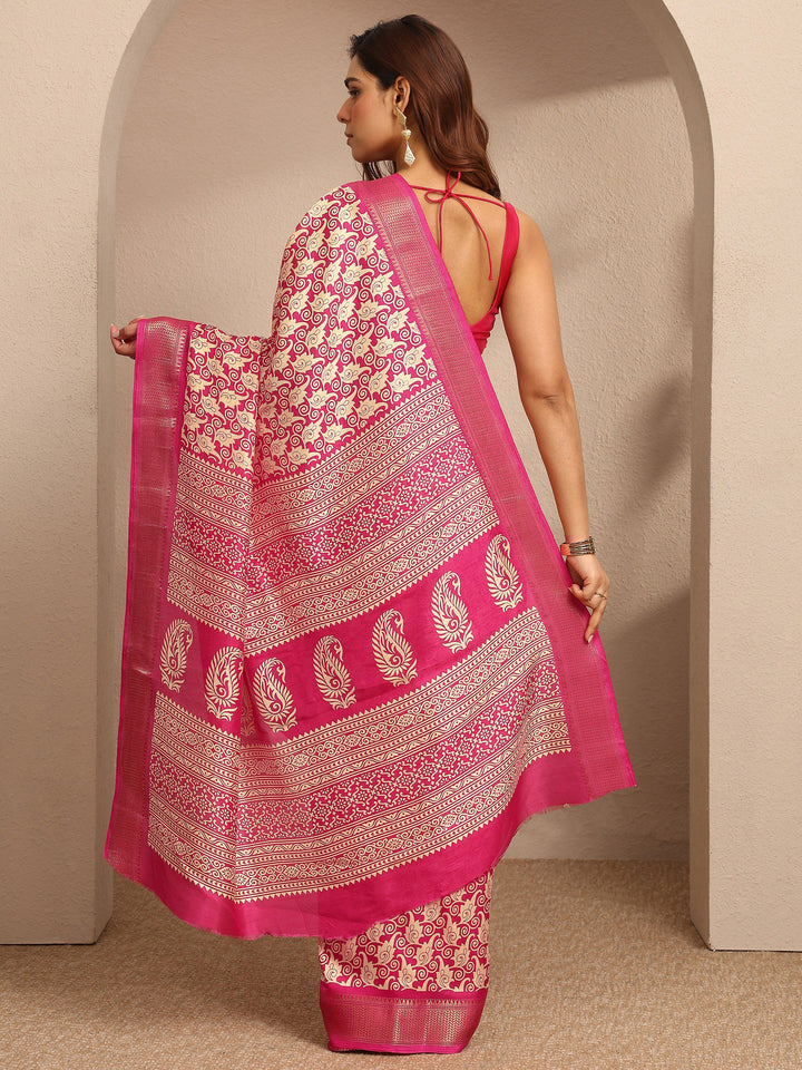 Pink Printed Silk Blend Saree With Unstitched Blouse Piece