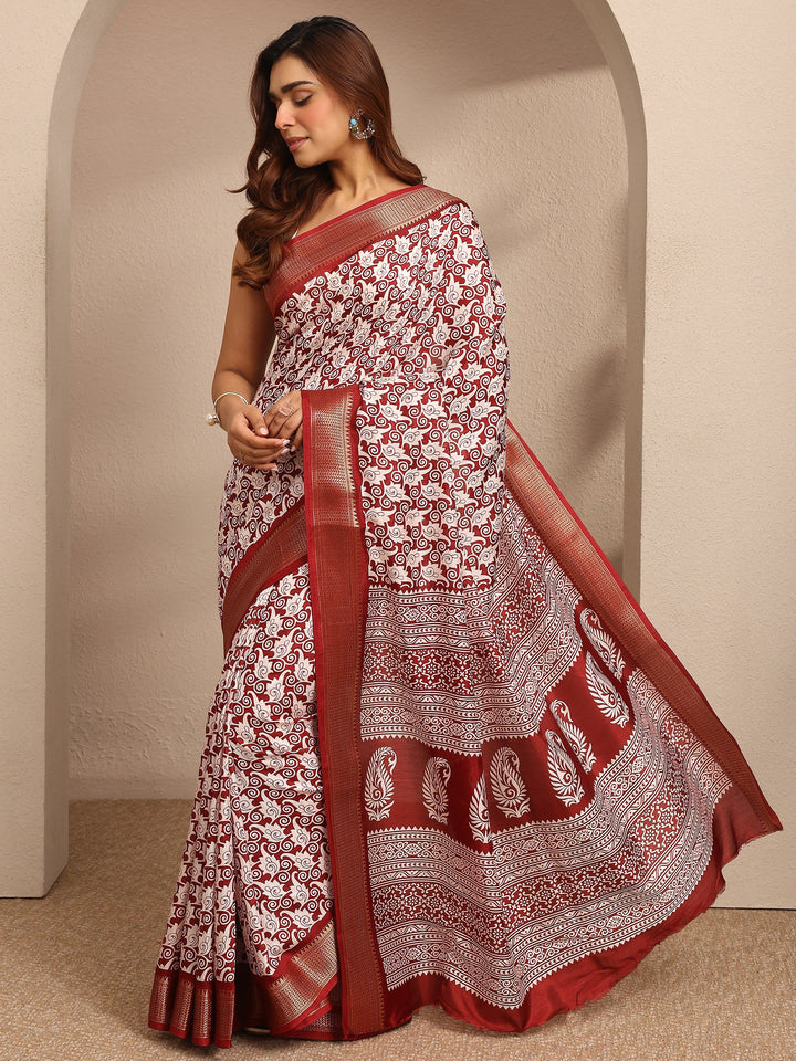 Burgundy Printed Silk Blend Saree With Unstitched Blouse Piece