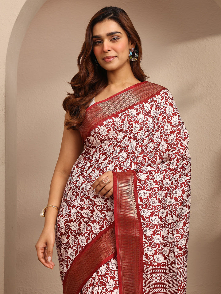 Burgundy Printed Silk Blend Saree With Unstitched Blouse Piece