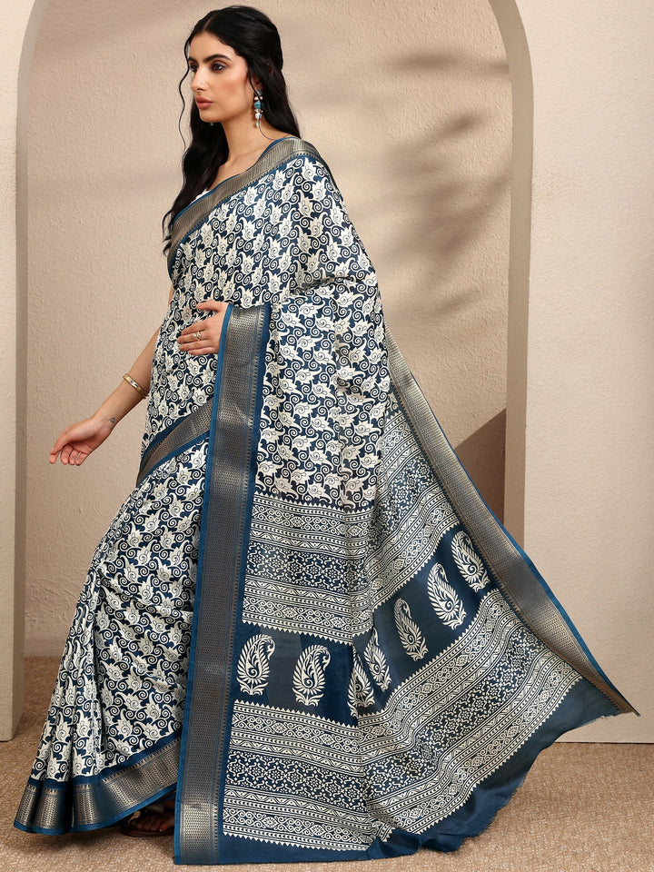 Navy Blue Printed Silk Blend Saree With Unstitched Blouse Piece