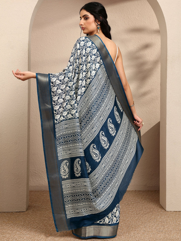 Navy Blue Printed Silk Blend Saree With Unstitched Blouse Piece