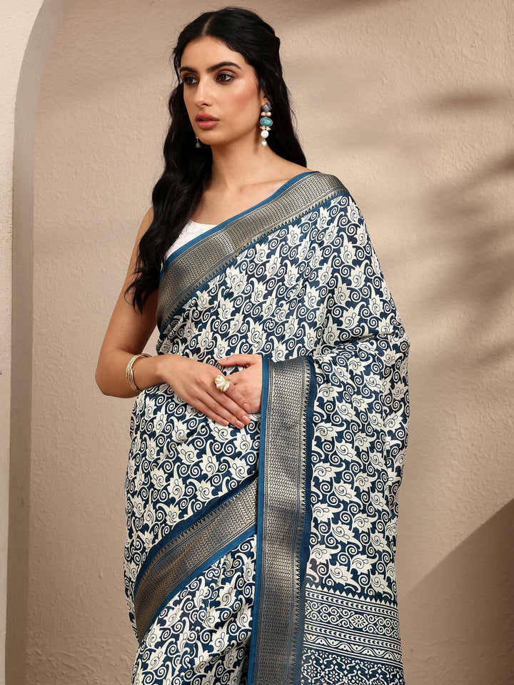 Navy Blue Printed Silk Blend Saree With Unstitched Blouse Piece