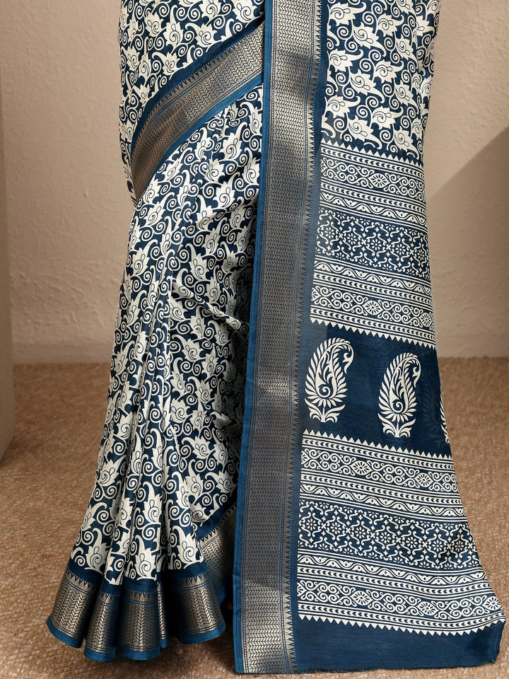 Navy Blue Printed Silk Blend Saree With Unstitched Blouse Piece