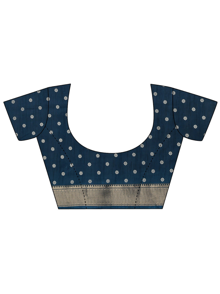 Navy Blue Printed Silk Blend Saree With Unstitched Blouse Piece