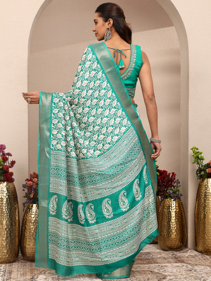 Green Printed Silk Blend Saree With Unstitched Blouse Piece