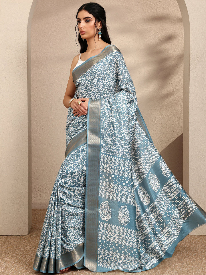 Blue Paisley Printed Silk Blend Saree With Unstitched Blouse Piece