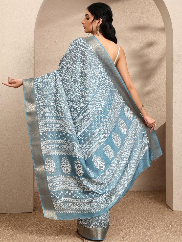 Blue Paisley Printed Silk Blend Saree With Unstitched Blouse Piece