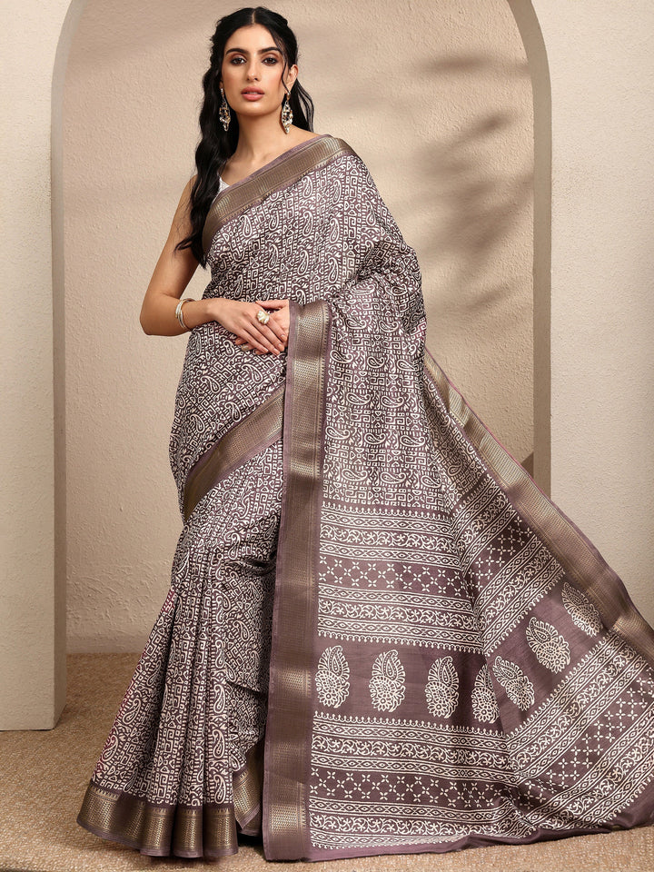 Mauve Paisley Printed Silk Blend Saree With Unstitched Blouse Piece
