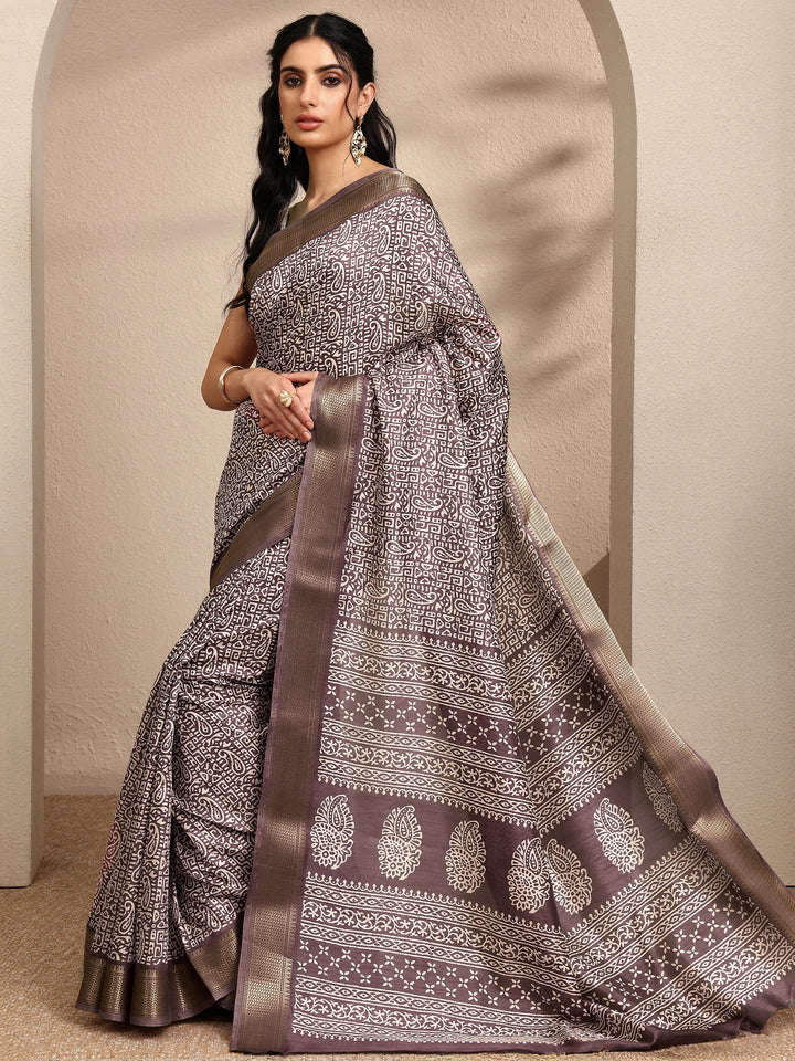 Mauve Paisley Printed Silk Blend Saree With Unstitched Blouse Piece