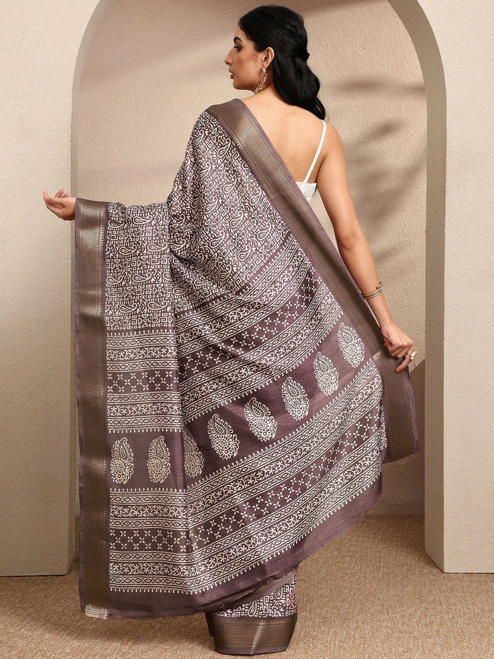 Mauve Paisley Printed Silk Blend Saree With Unstitched Blouse Piece