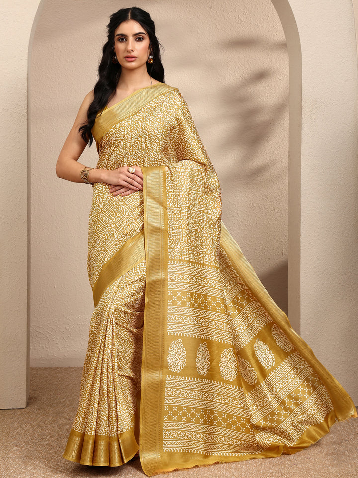 Mustard Paisley Printed Silk Blend Saree With Unstitched Blouse Piece
