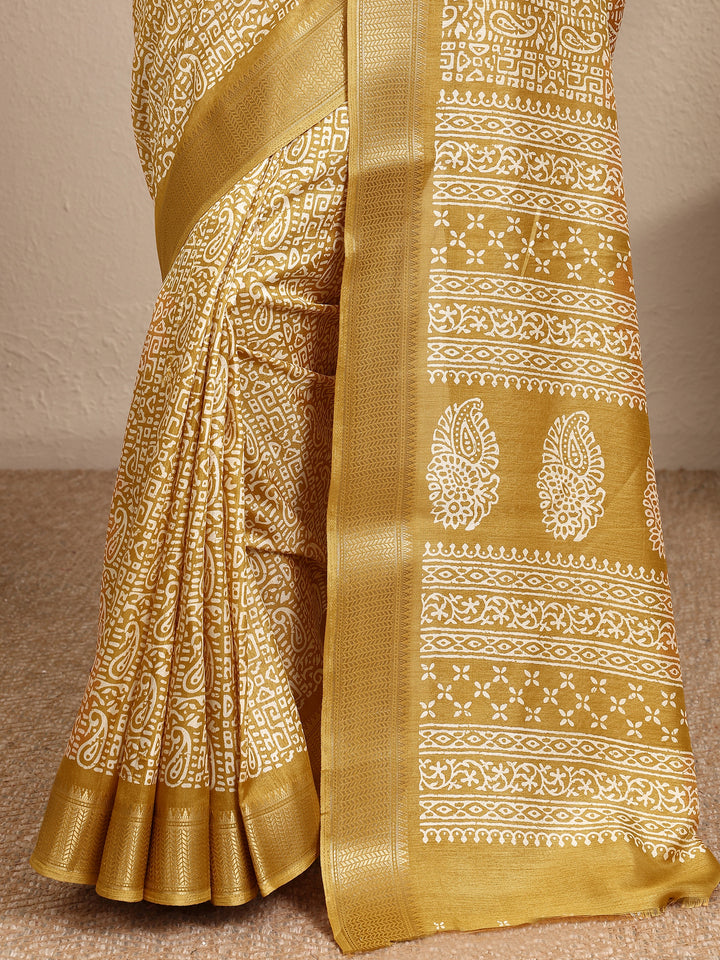 Mustard Paisley Printed Silk Blend Saree With Unstitched Blouse Piece
