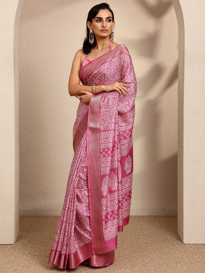 Pink Paisley Printed Silk Blend Saree With Unstitched Blouse Piece