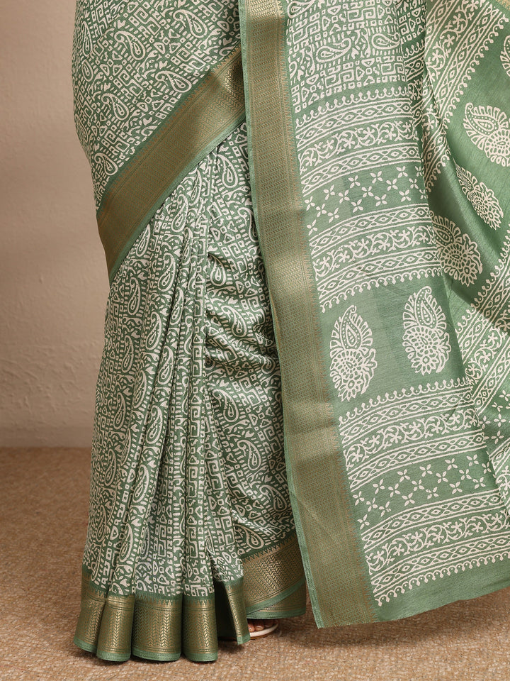 Green Paisley Printed Silk Blend Saree With Unstitched Blouse Piece