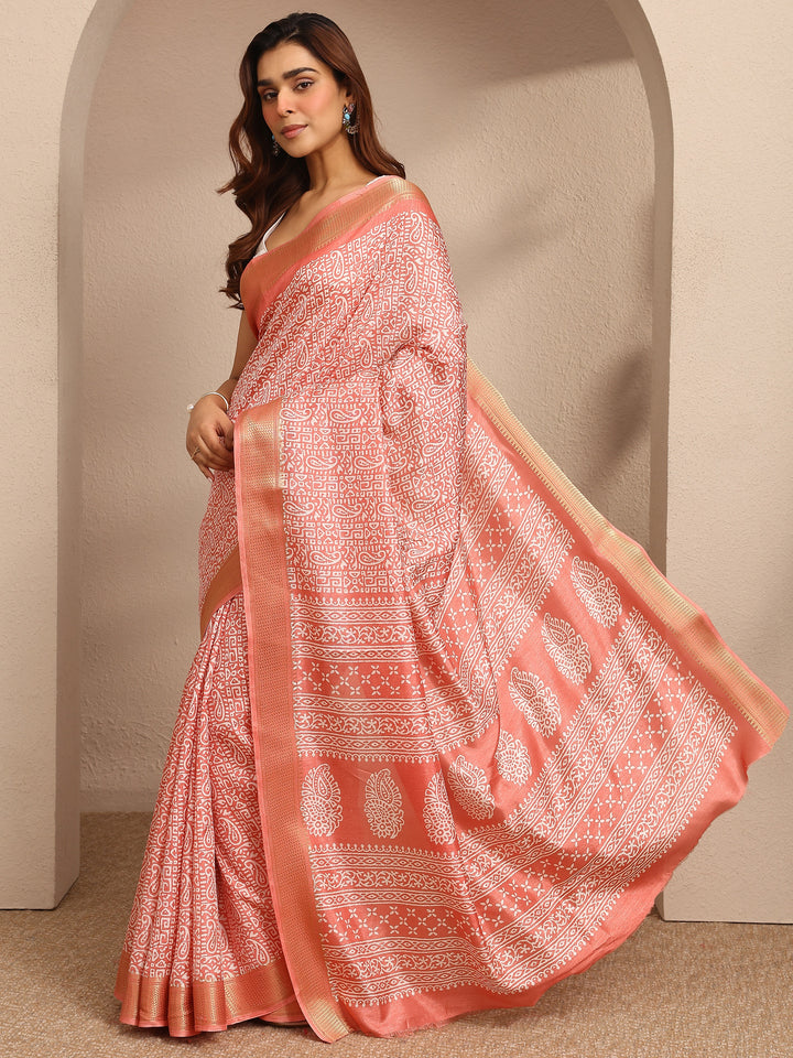 Orange Paisley Printed Silk Blend Saree With Unstitched Blouse Piece