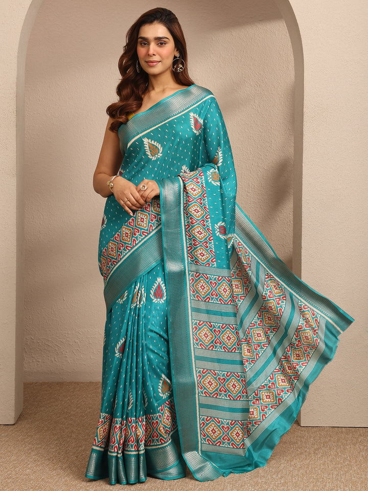 Green Printed Silk Blend Saree With Unstitched Blouse Piece