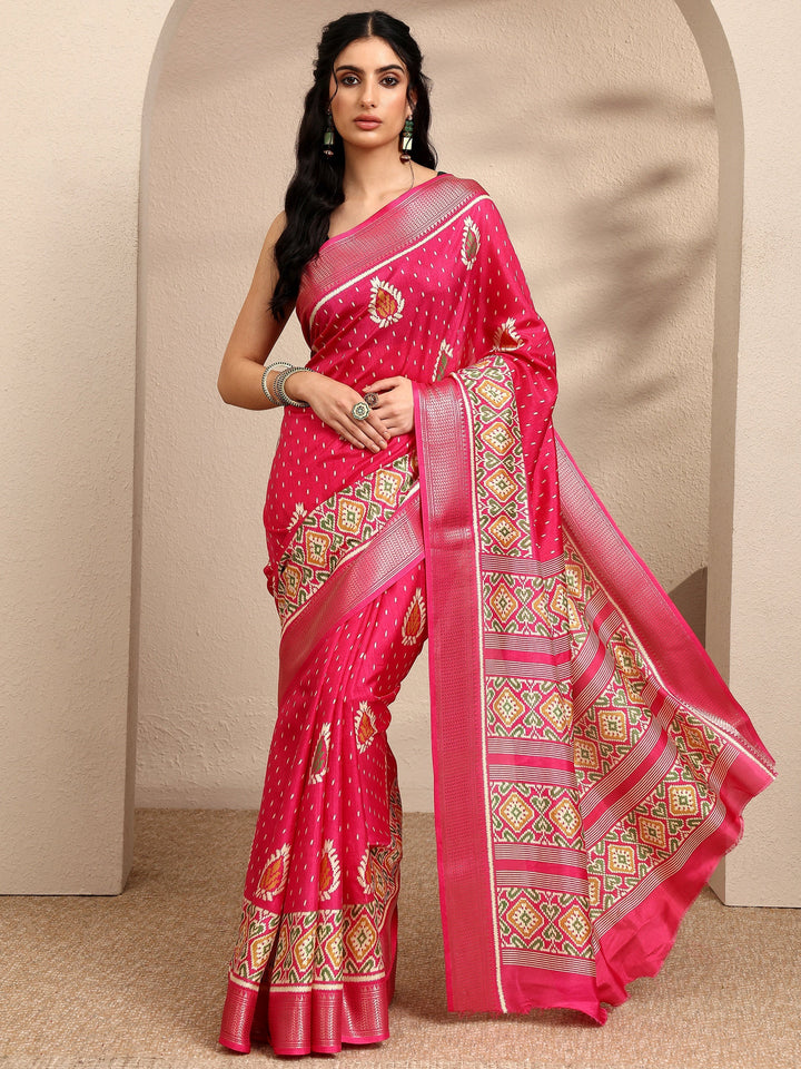 Pink Printed Silk Blend Saree With Unstitched Blouse Piece