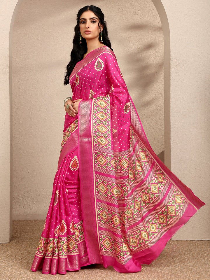 Pink Printed Silk Blend Saree With Unstitched Blouse Piece