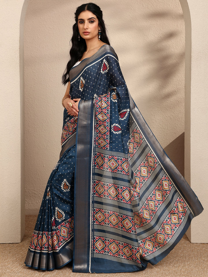 Teal Printed Silk Blend Saree With Unstitched Blouse Piece