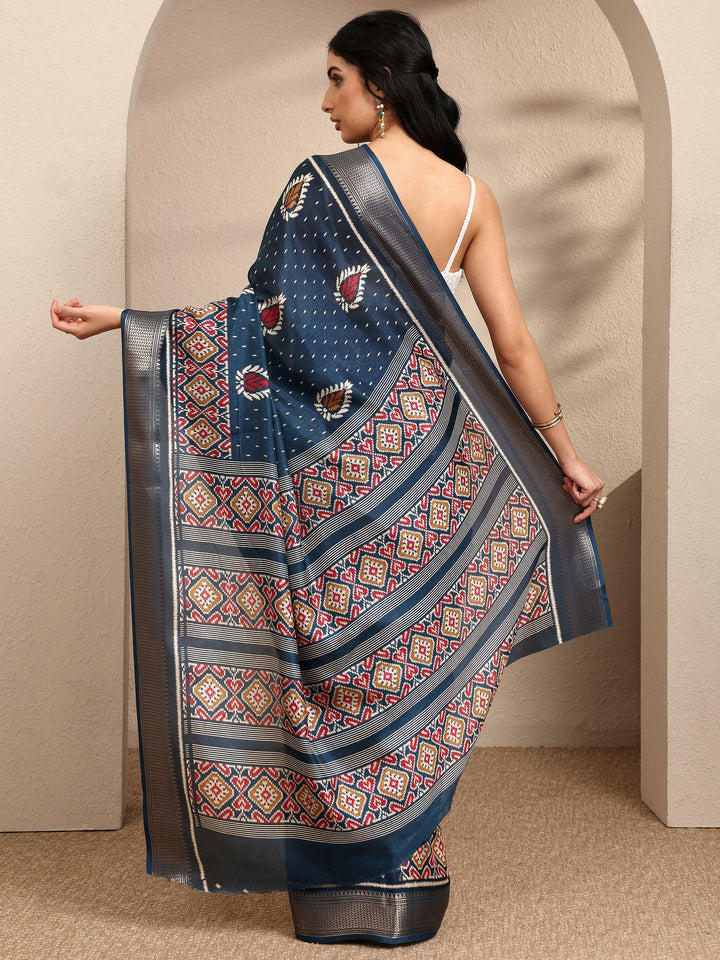 Teal Printed Silk Blend Saree With Unstitched Blouse Piece