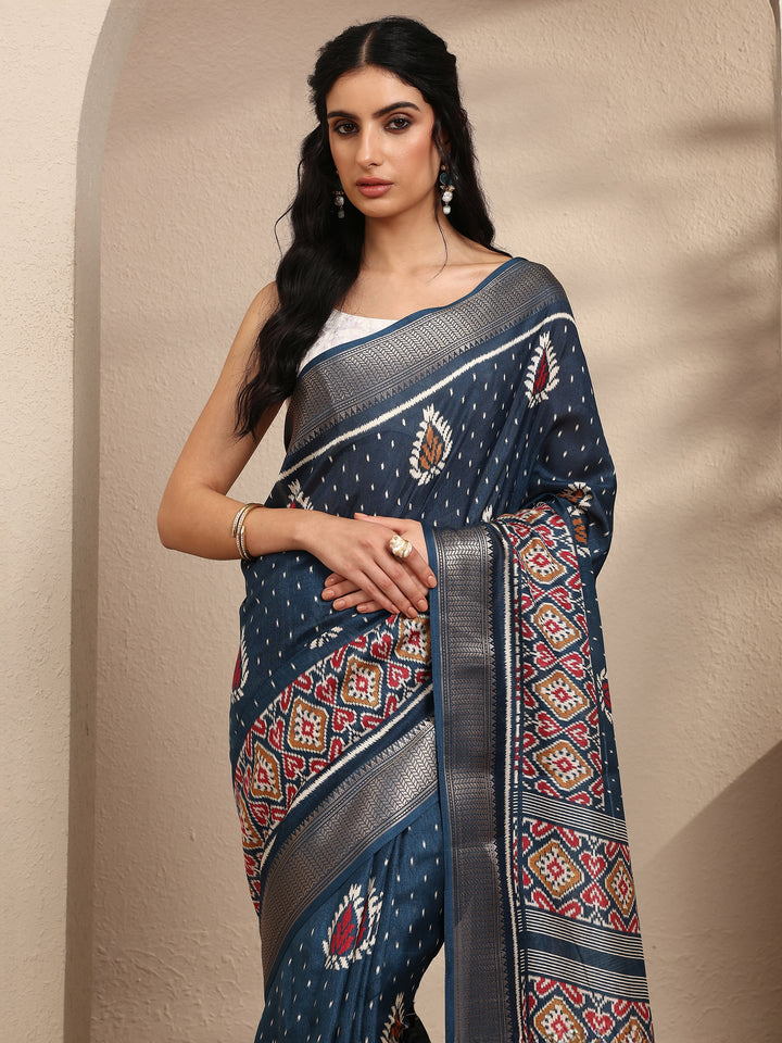 Teal Printed Silk Blend Saree With Unstitched Blouse Piece