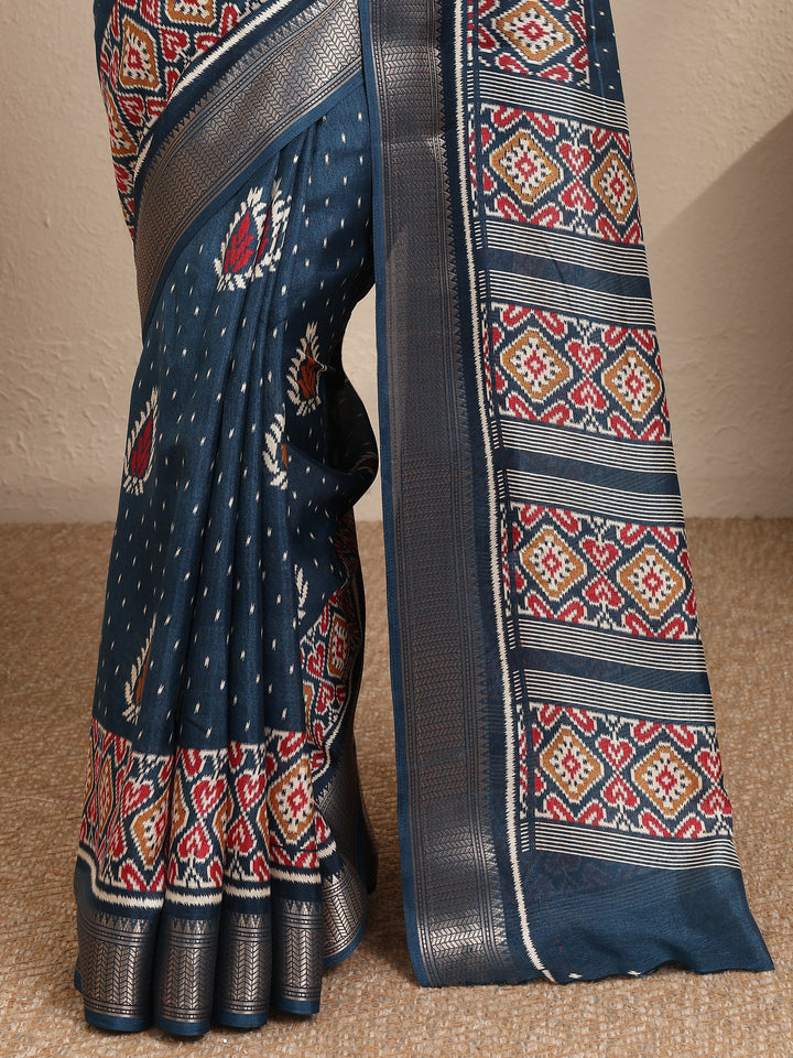 Teal Printed Silk Blend Saree With Unstitched Blouse Piece