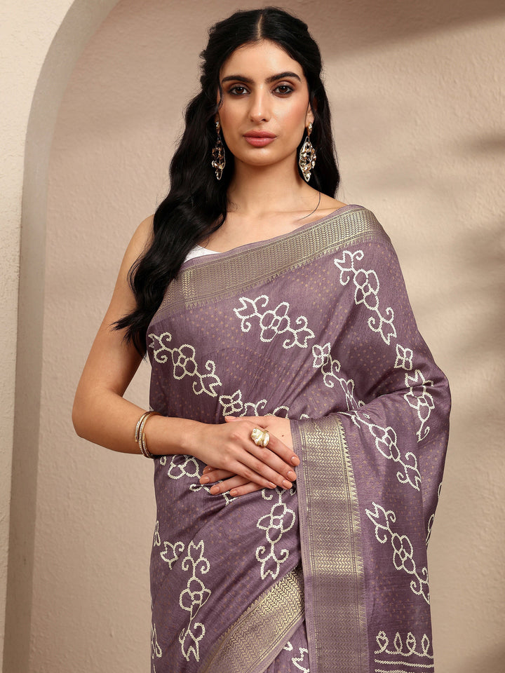 Mauve Bandhani Printed Silk Blend Saree With Unstitched Blouse Piece