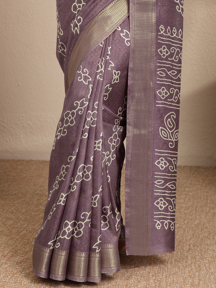 Mauve Bandhani Printed Silk Blend Saree With Unstitched Blouse Piece