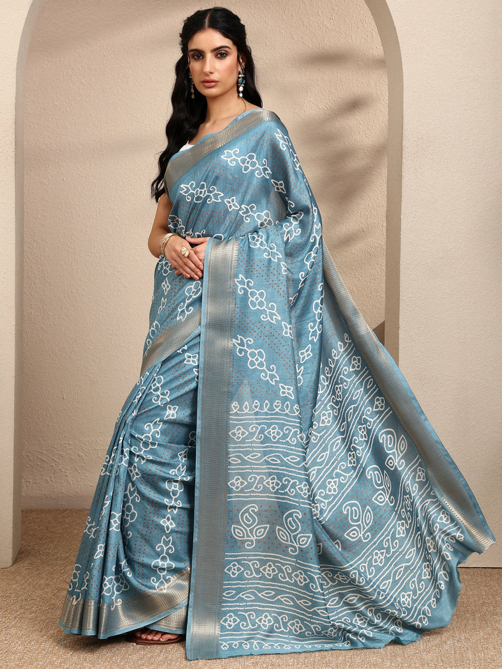 Blue Bandhani Printed Silk Blend Saree With Unstitched Blouse Piece