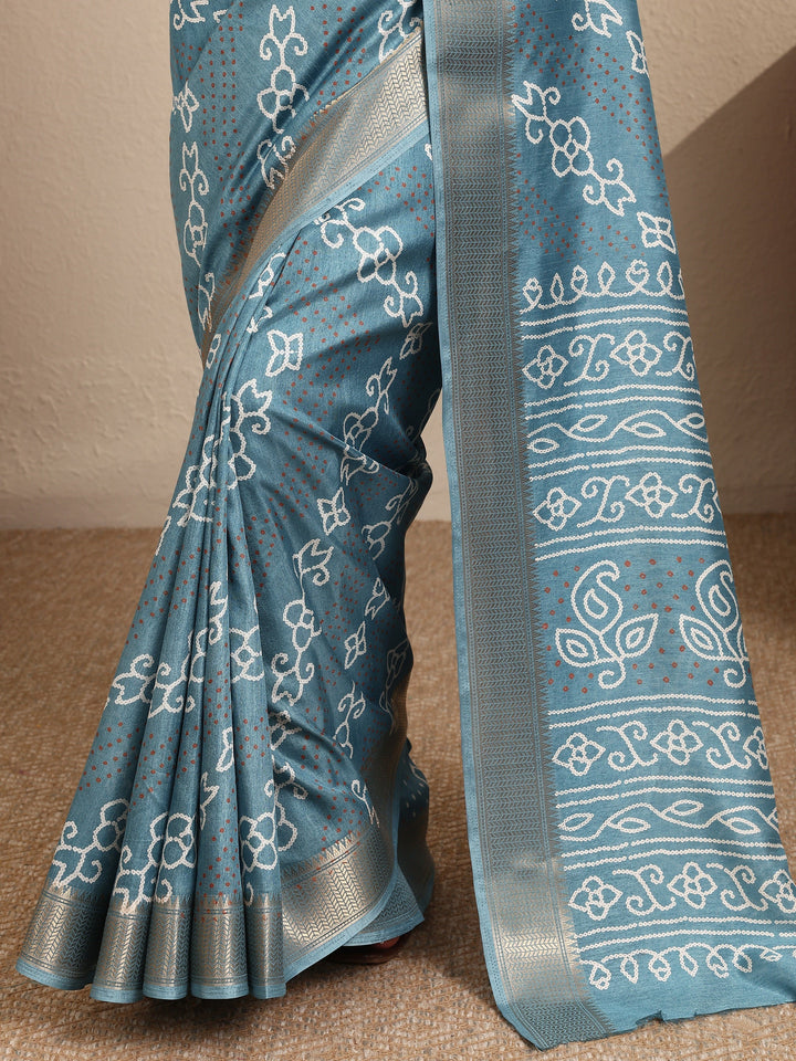 Blue Bandhani Printed Silk Blend Saree With Unstitched Blouse Piece