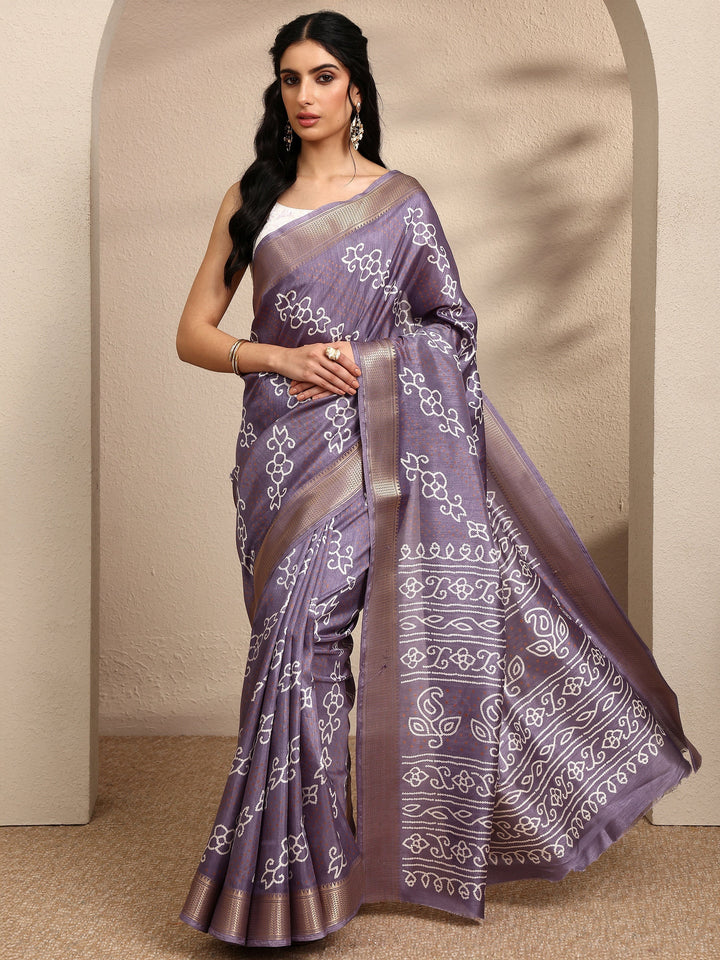 Lavender Bandhani Printed Silk Blend Saree With Unstitched Blouse Piece