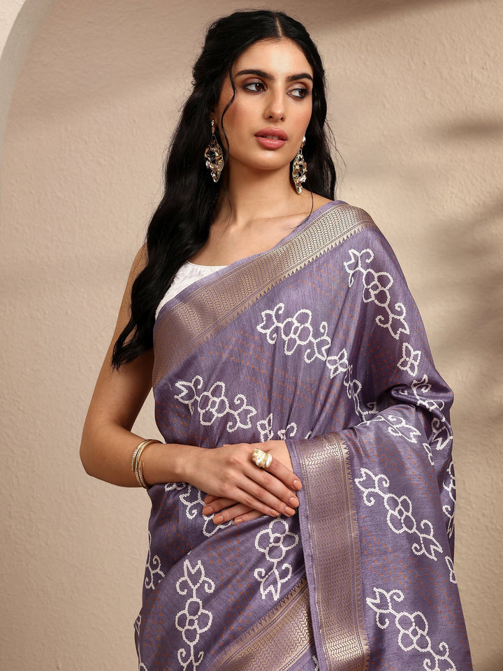 Lavender Bandhani Printed Silk Blend Saree With Unstitched Blouse Piece