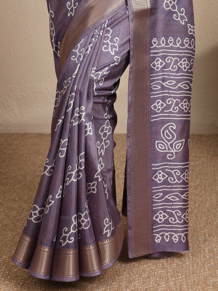 Lavender Bandhani Printed Silk Blend Saree With Unstitched Blouse Piece