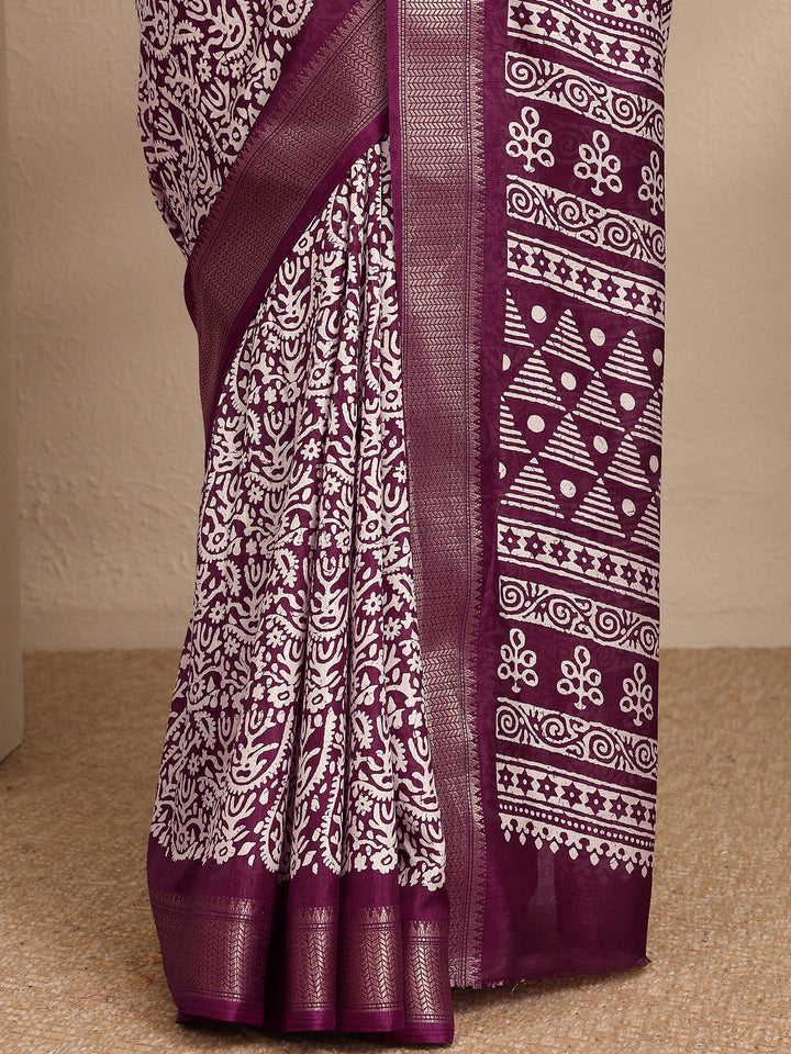 Burgundy Printed Silk Blend Saree With Unstitched Blouse Piece