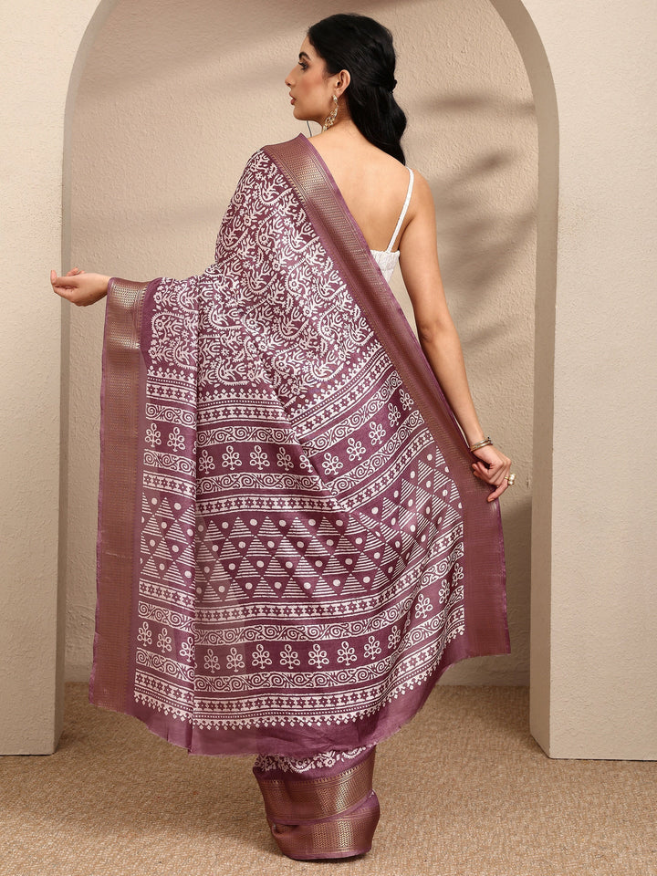 Purple Printed Silk Blend Saree With Unstitched Blouse Piece