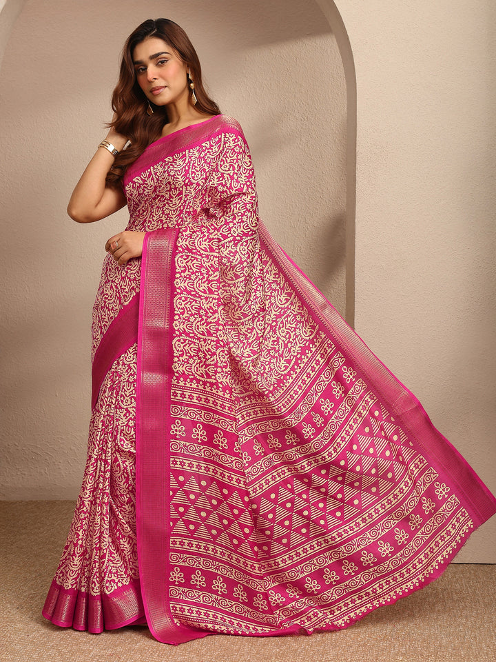 Pink Printed Silk Blend Saree With Unstitched Blouse Piece