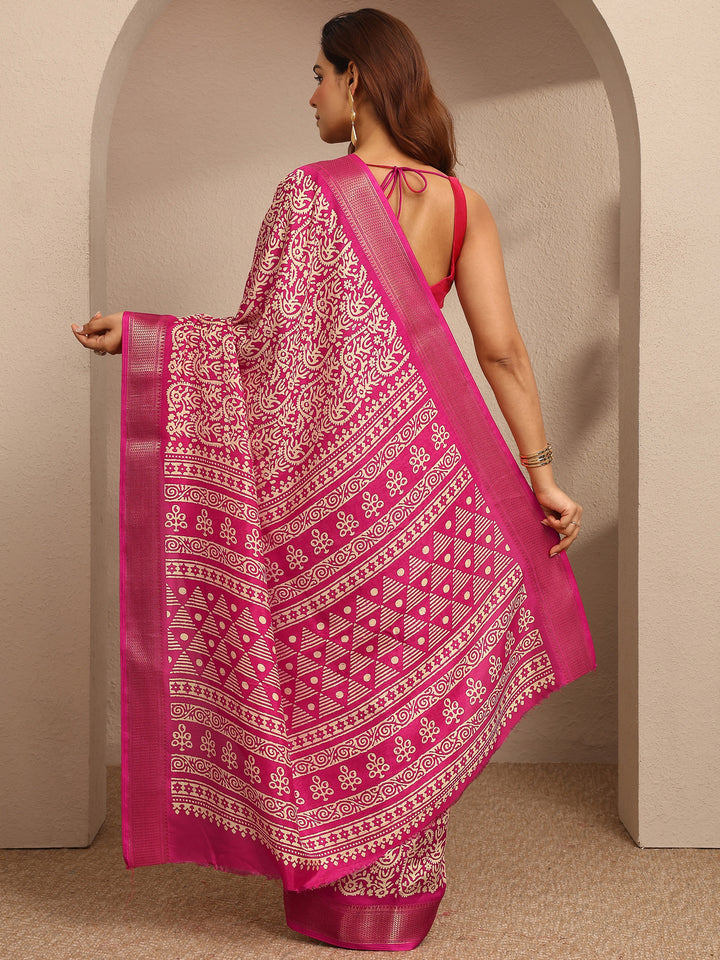 Pink Printed Silk Blend Saree With Unstitched Blouse Piece