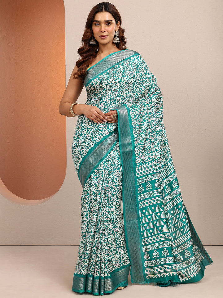 Green Printed Silk Blend Saree With Unstitched Blouse Piece