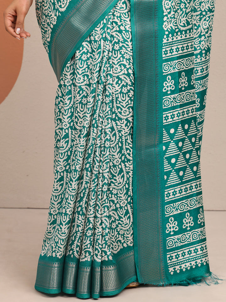 Green Printed Silk Blend Saree With Unstitched Blouse Piece