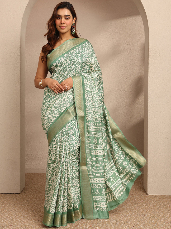 Green Printed Silk Blend Saree With Unstitched Blouse Piece