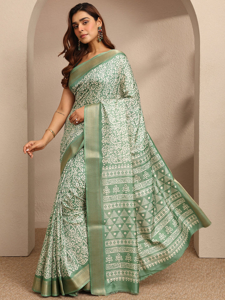 Green Printed Silk Blend Saree With Unstitched Blouse Piece