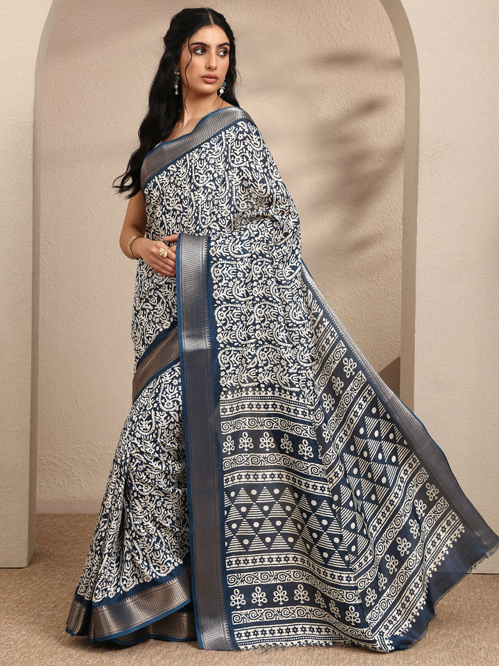 Navy Blue Printed Silk Blend Saree With Unstitched Blouse Piece