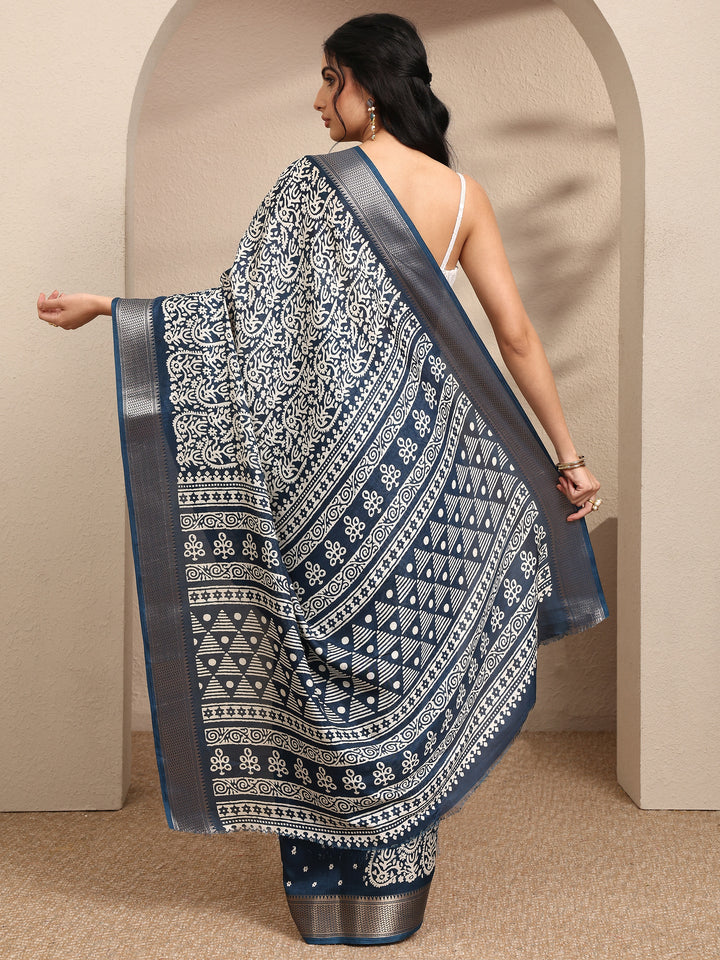 Navy Blue Printed Silk Blend Saree With Unstitched Blouse Piece