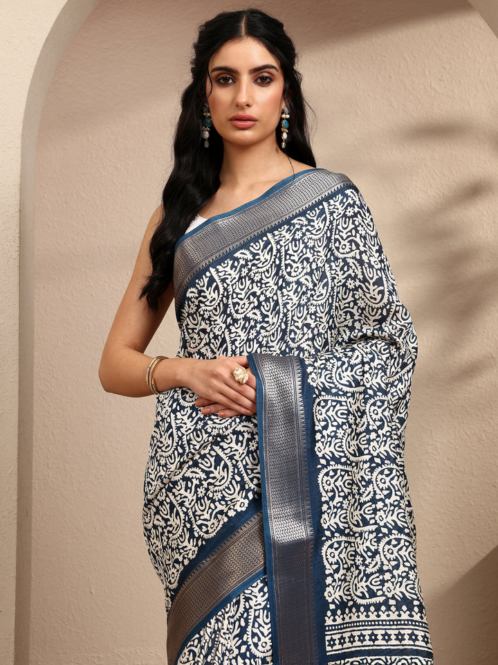 Navy Blue Printed Silk Blend Saree With Unstitched Blouse Piece